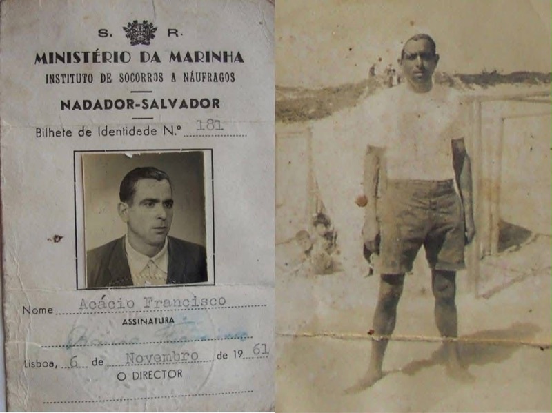 A 1961 lifeguard identity card issued to Acácio Francisco, beside a photograph of him standing on the beach.