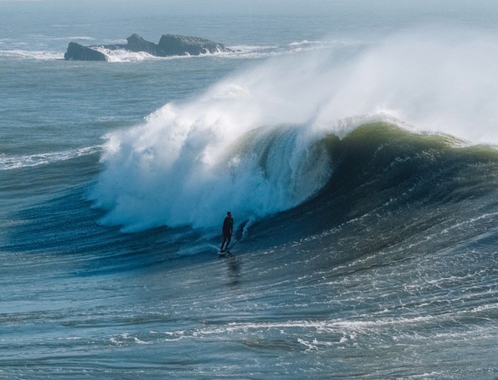 Lourenço riding a large wave, a small figure at the bottom of a tall wall of water.