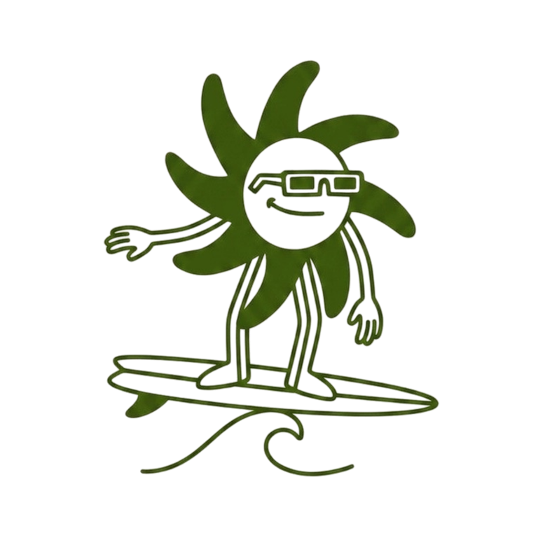 Illustration of the sun character balancing on a surfboard over a small green wave