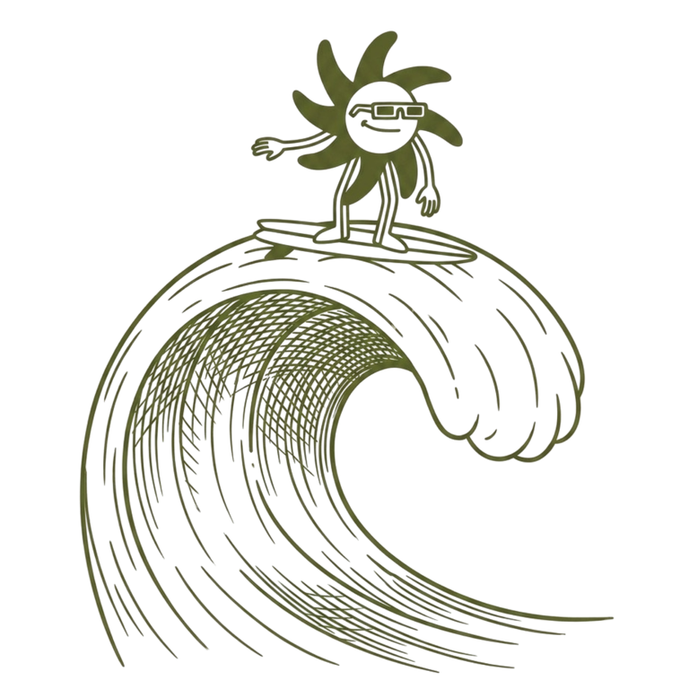 Illustration of the sun character riding the crest of a big, powerful barreling wave