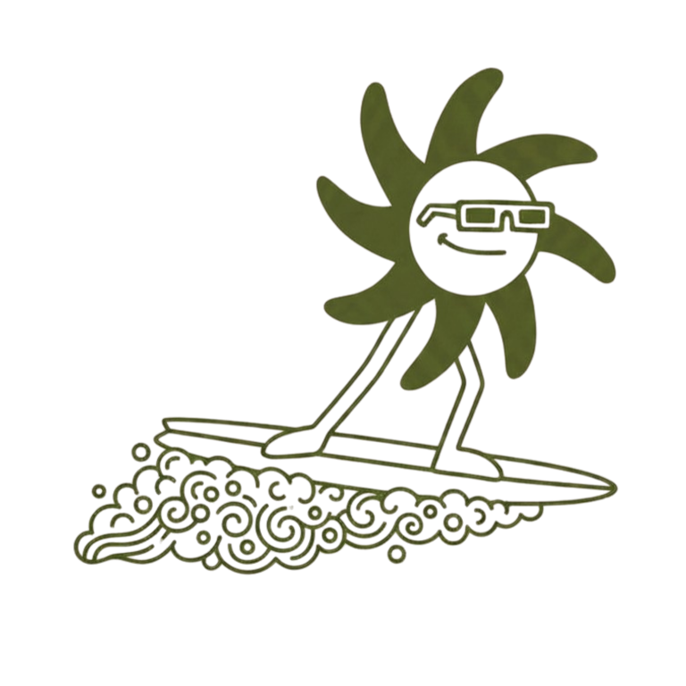 Illustration of the sun character standing on a surfboard riding foamy whitewater