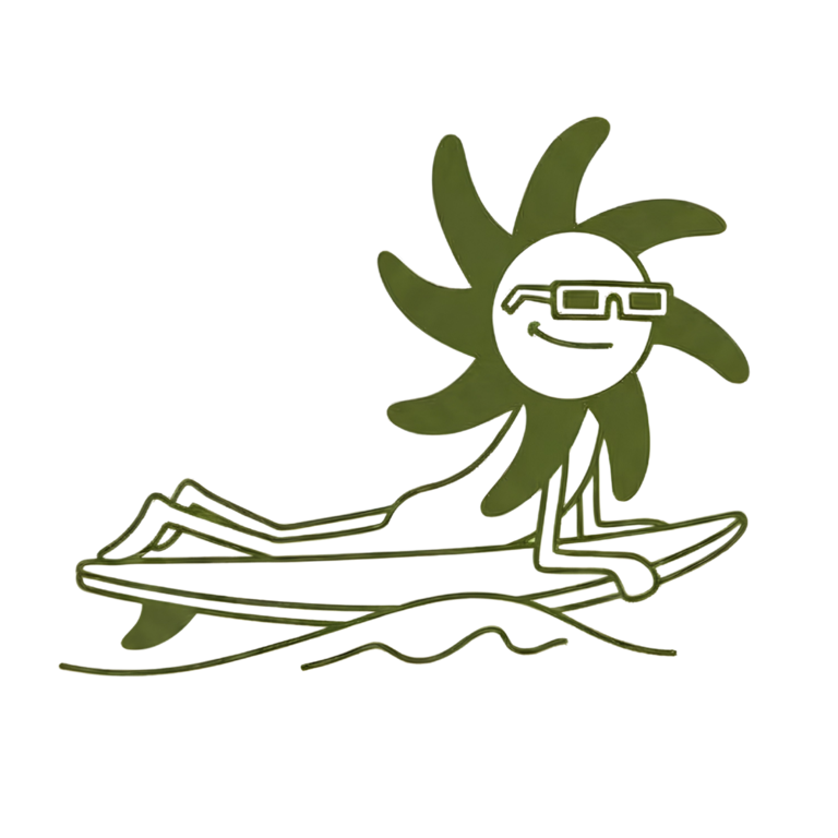 Illustration of a smiling sun character lying on a surfboard, practising the pop-up on gentle water