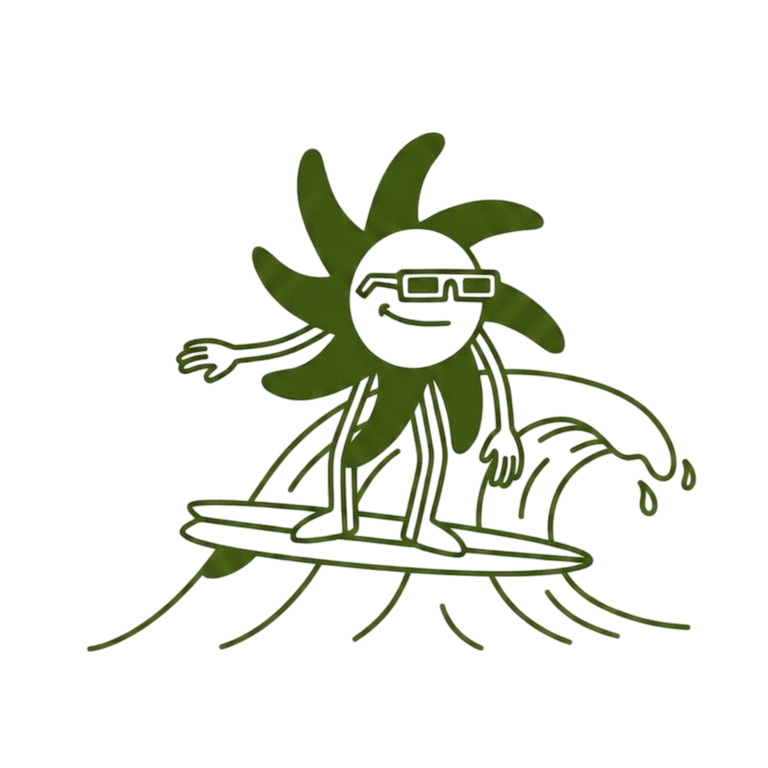 Illustration of the sun character turning on the open face of a green wave with a breaking curl
